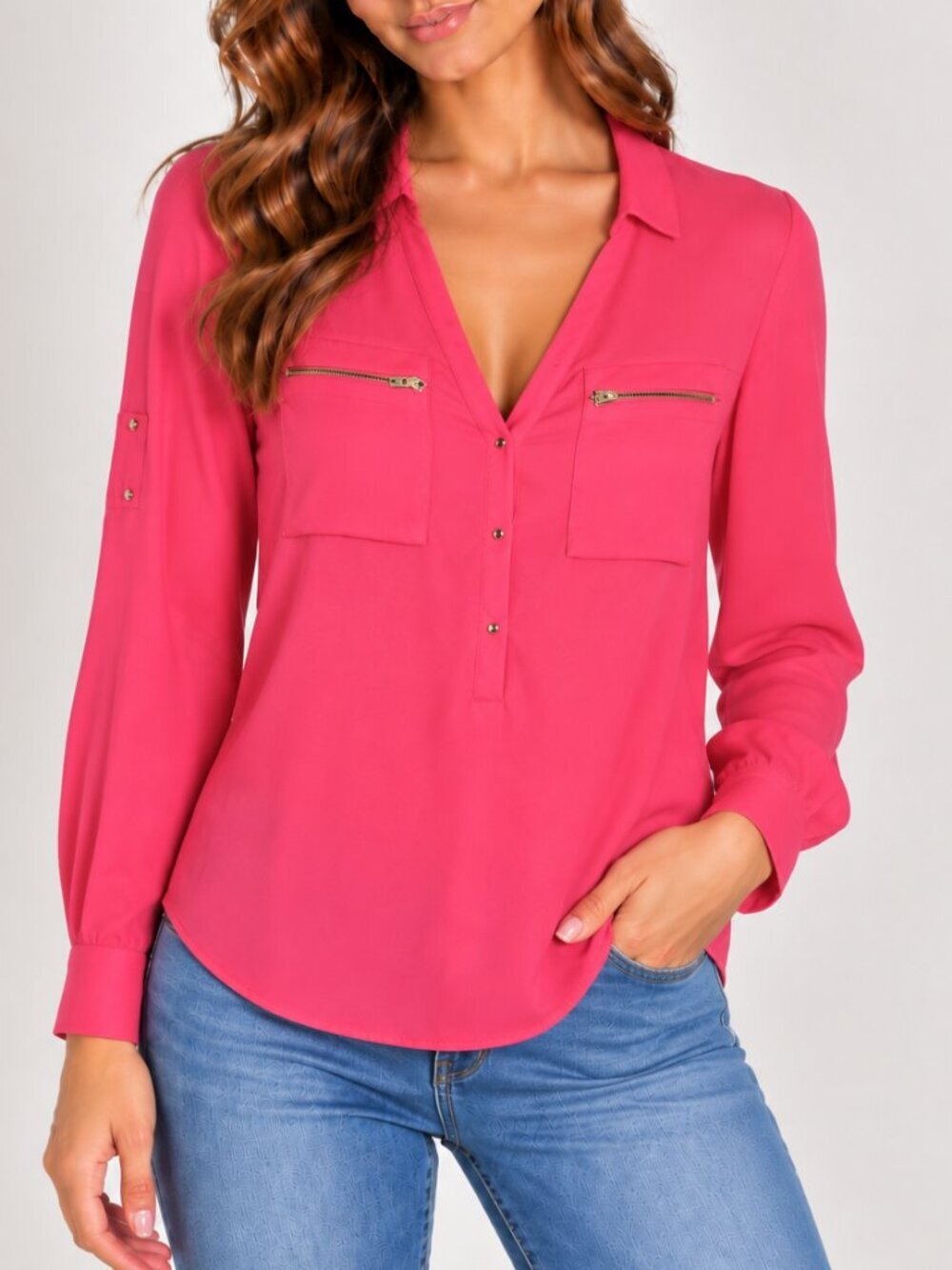 Express Hot Pink Blouse with Zipper Accents gold buttons size Small (345)